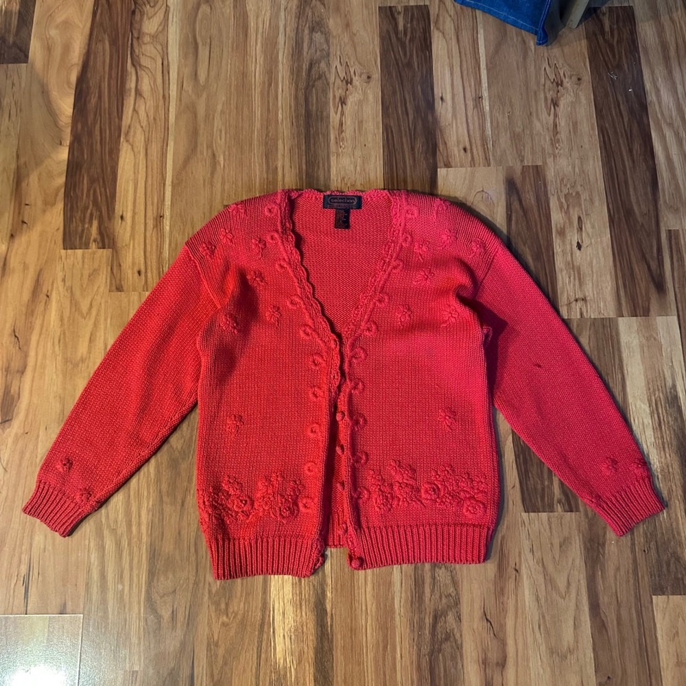 Vintage Selection Red Ramie Cotton Floral Embroidered Cardigan Sweater Medium
